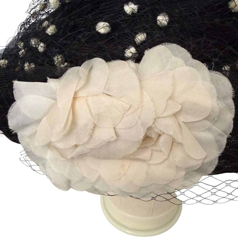 Vintage Eric Javits Black Mesh Birdcage Veil Hat with Cream Flower and Pom-Poms - Picture 3 of 8